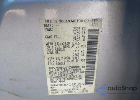 2020 Nissan Murano Platinum Intelligent Awd z USA, uszkodzony, nr VIN 5N1AZ2DS3LN150396